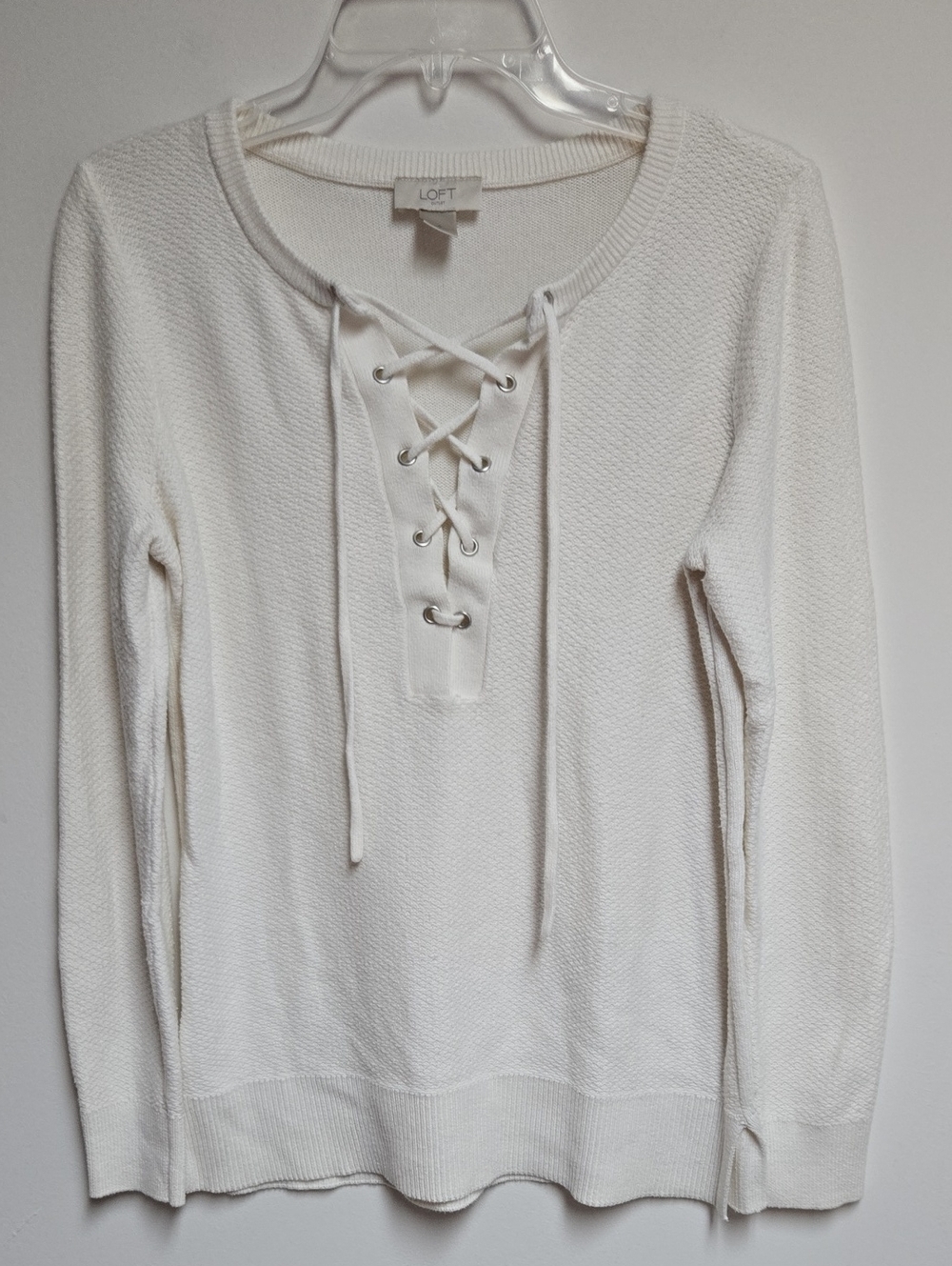 LOFT White Lace-Up Knit Long Sleeve Sweater Small